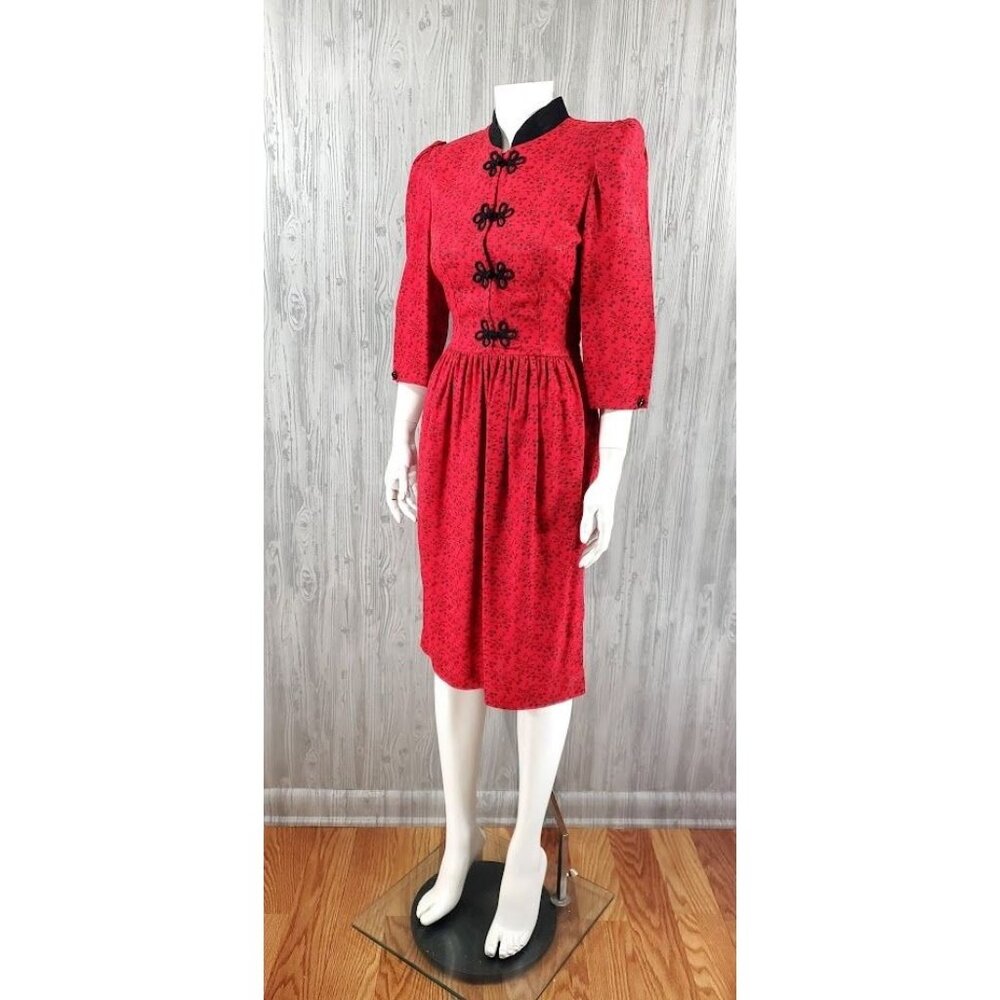 Vintage 60s 70s Red Dress Asian Oriental Geisha Cheongsam Mandarin Secretary